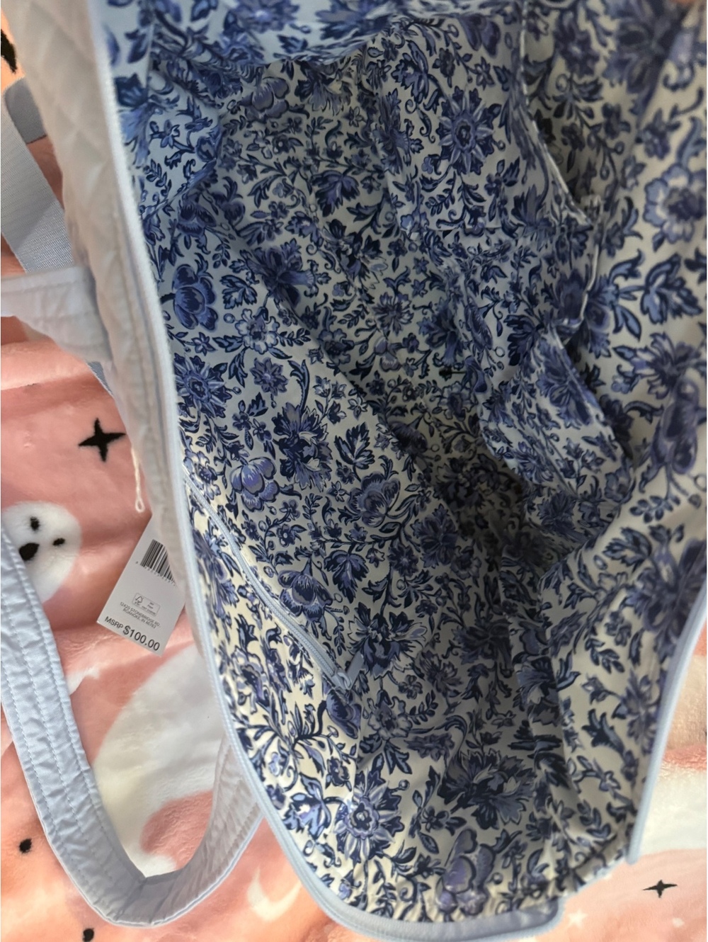 Vera Bradley Quilted Tote Bag with Shoulder Strap and Blue Floral Lined - Picture 3 of 5
